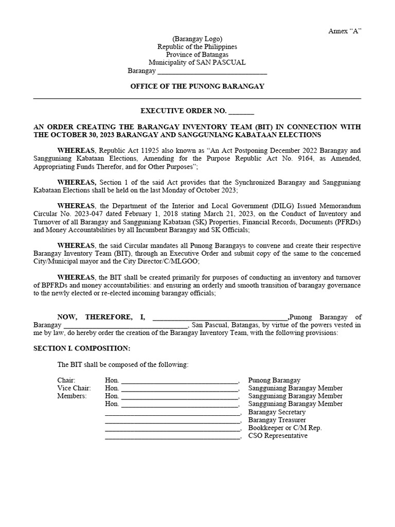 EO Barangay Inventory Team BIT | PDF | Government | Justice