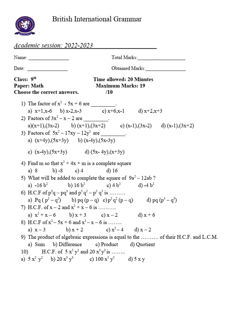 9th Grade Math Exam Paper 2022-2023 | PDF | Elementary Mathematics ...