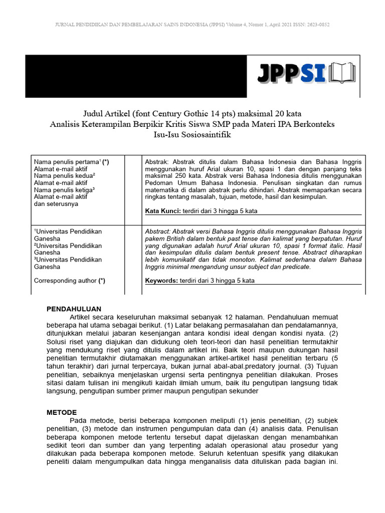 Template JURNAL PENDIDIKAN DAN PEMBELAJARAN SAINS | PDF