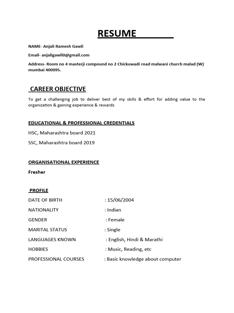 Anjali Ramesh Gawli's Job Resume | PDF