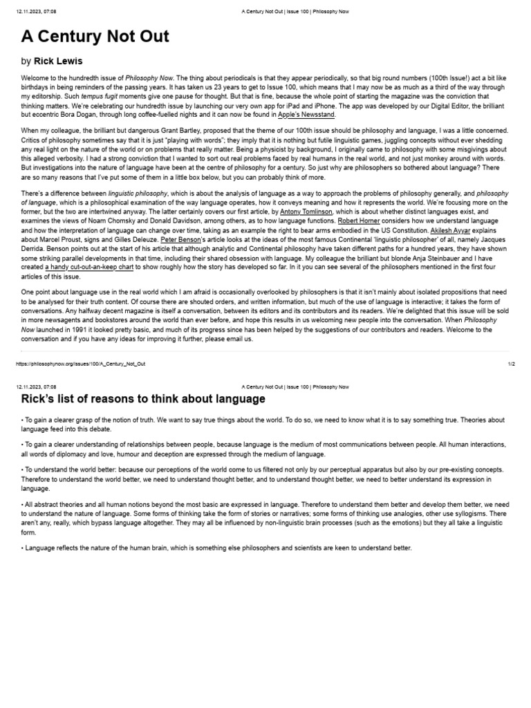 A Century Not Out Issue 100 Philosophy Now Pdf Continental