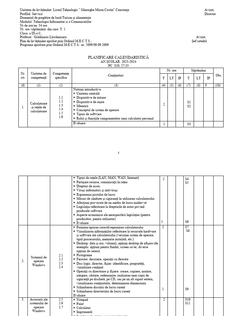 Planificare TIC - Tehnic - IX C 2023-2024 | PDF
