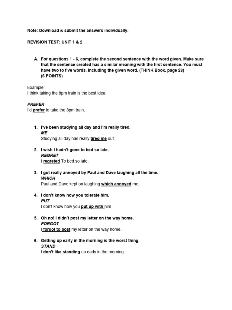 Revision Test for Units 1 & 2 Answers | PDF | Language Arts ...