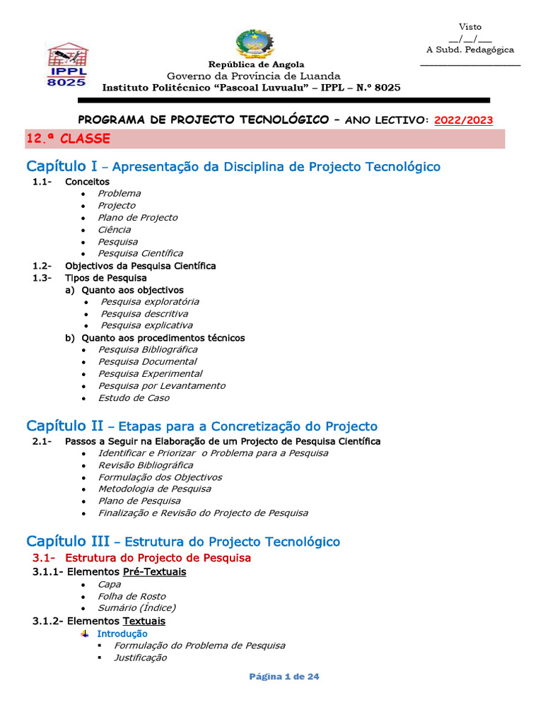 Conteúdo de Projecto Tecnológico 12ª Classe (2022_2023) | PDF ...