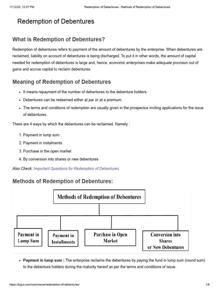 Redemption of Debentures Methods of Redemption of Debentures PDF