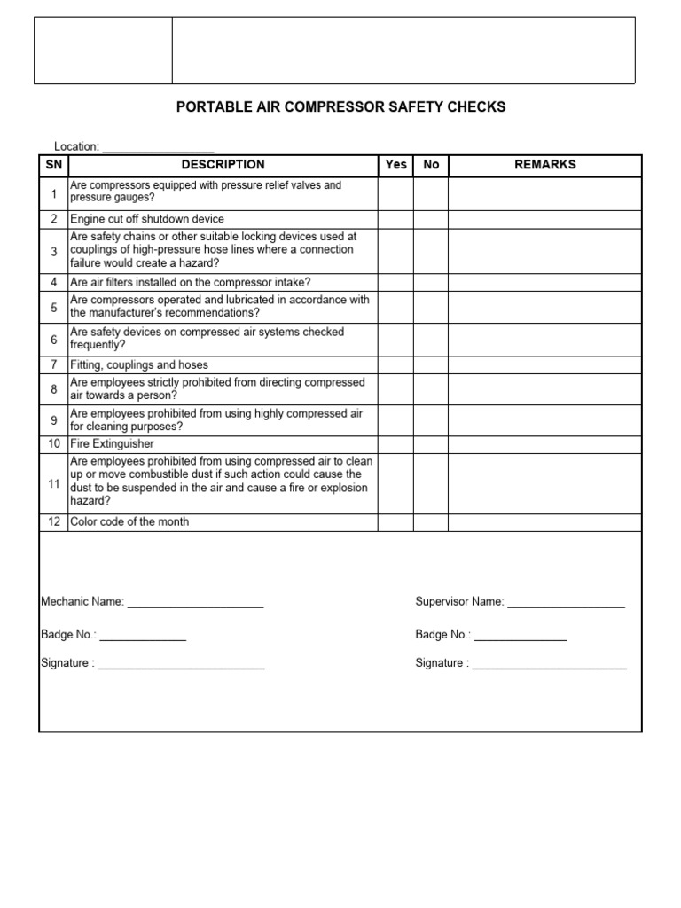 27Air Compressor Checklist PDF