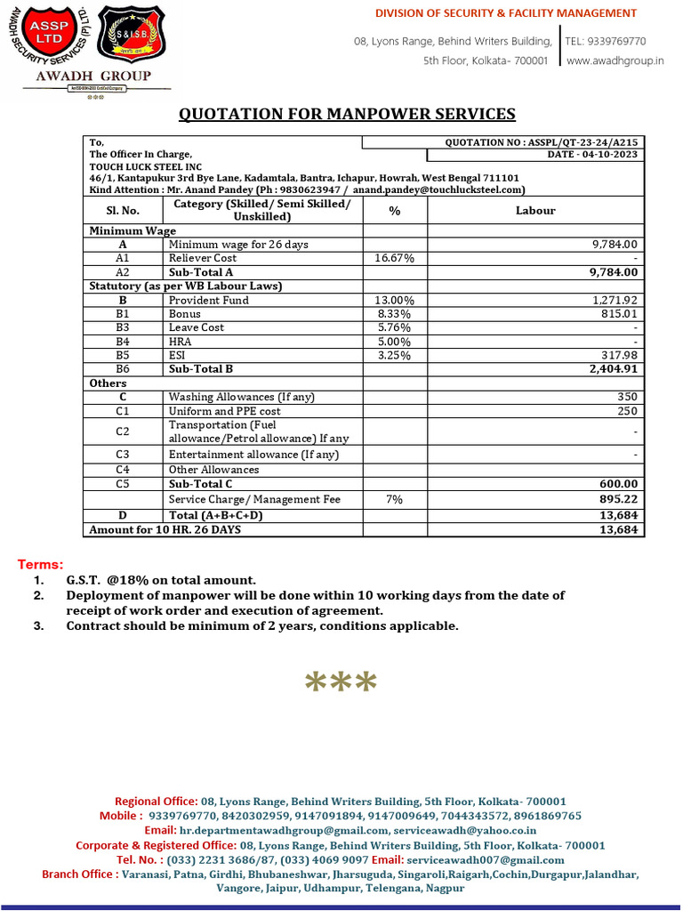 Quotation For Manpower Services PDF Economies