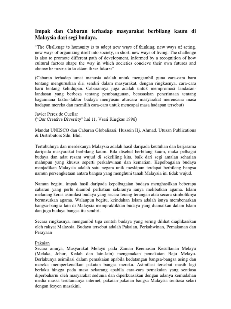Impak Dan Cabaran Terhadap Masyarakat Berbilang Kaum Di Malaysia Budaya Dan Kesenian Pdf