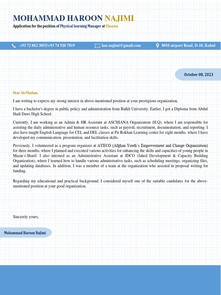 Cover Letter of M. Haroon Najimi | PDF