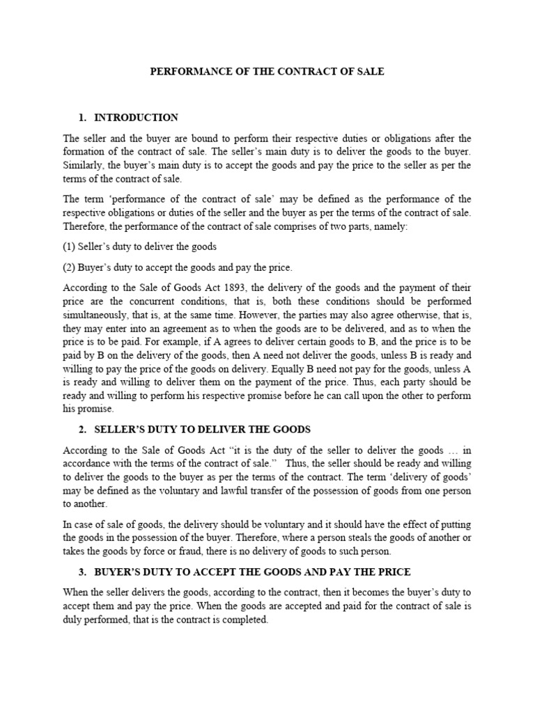 3. Perfomance of the Contract of Sale PDF Prices Common Law