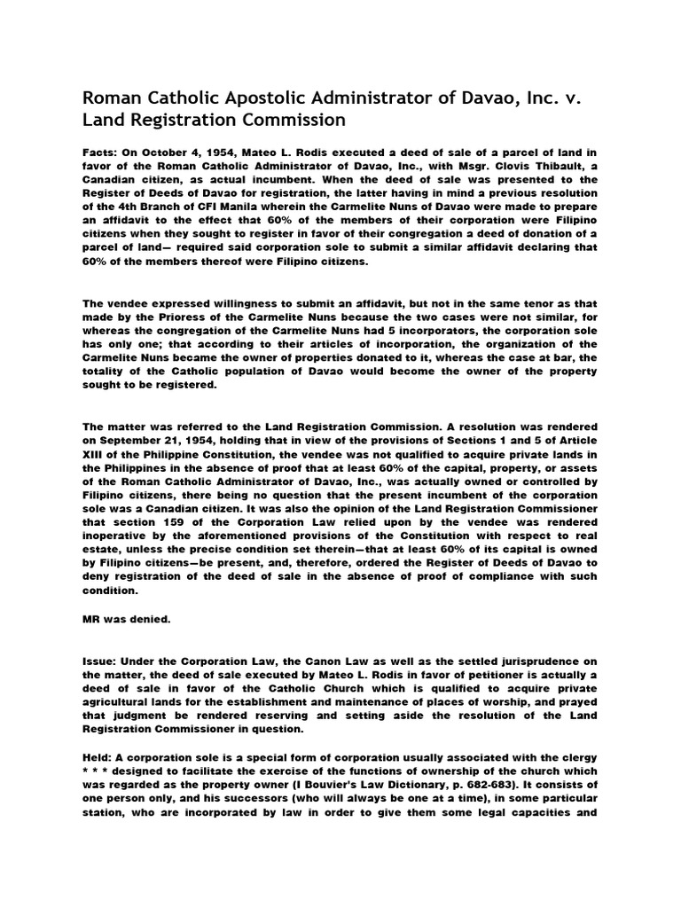 Case Digest Roman Catholic V Lrc Pdf Corporations Catholic Church
