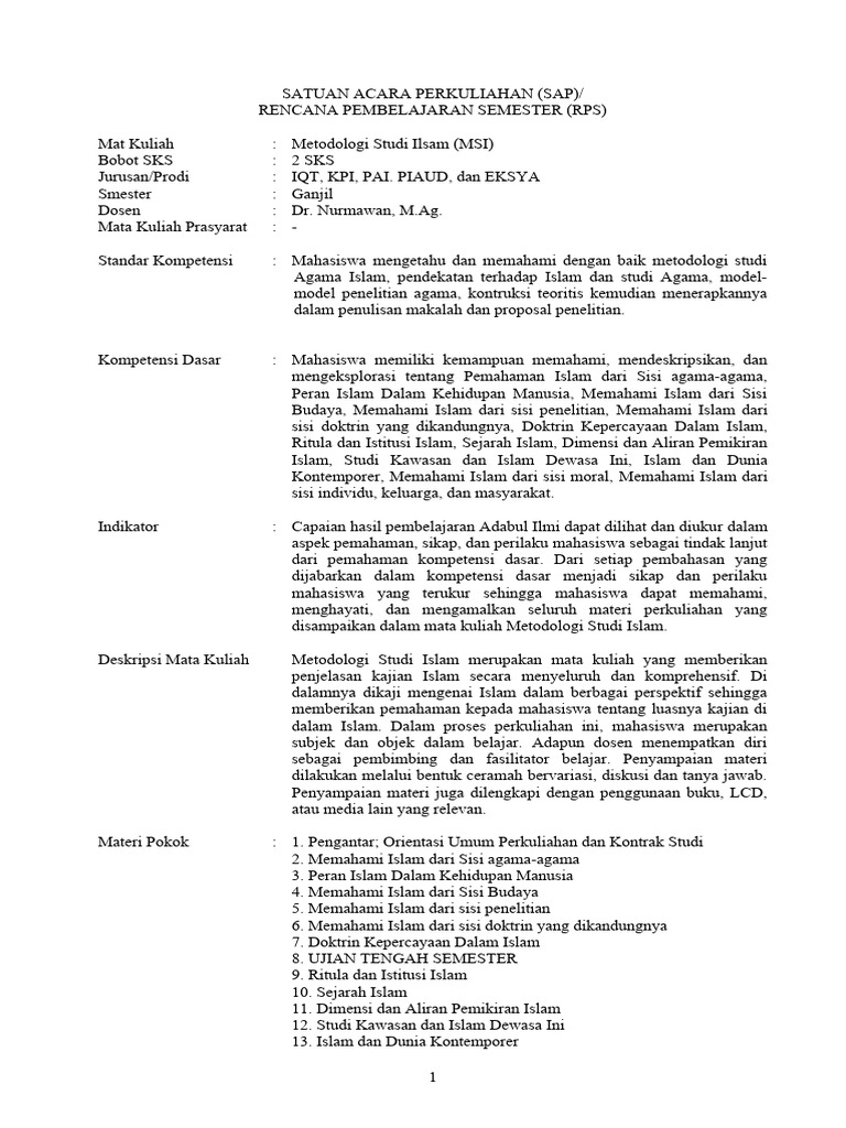 Pertemuan 01 Sap Metodologi Studi Islam Pdf