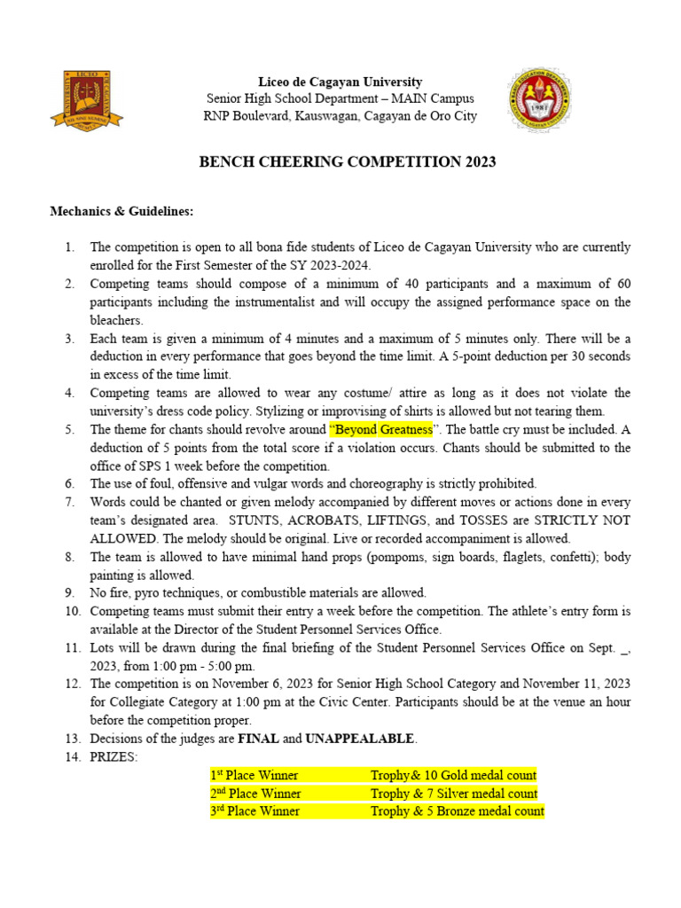 Bench Cheering Competition 2023 Guidelines | PDF