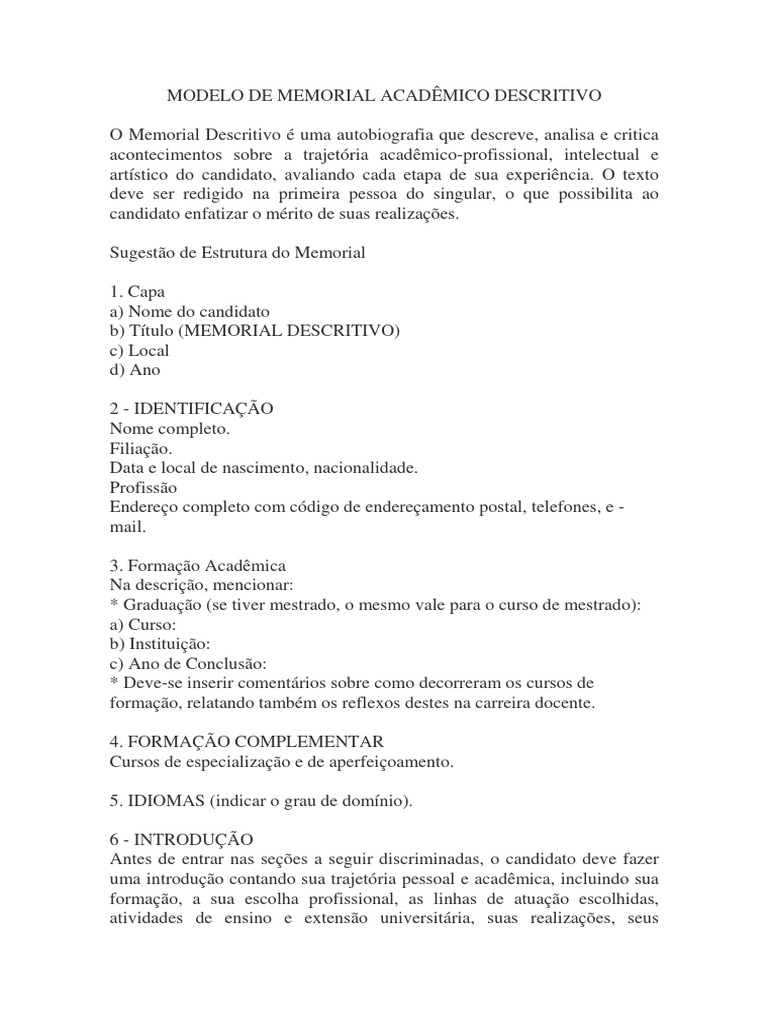 Modelo de Memorial Acadêmico Descritivo | PDF