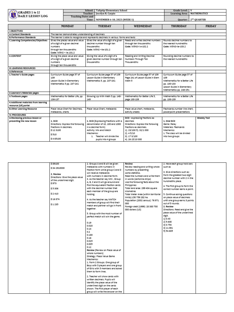 Grade 5 Math Daily Lesson Plan | PDF | Numbers | Rounding
