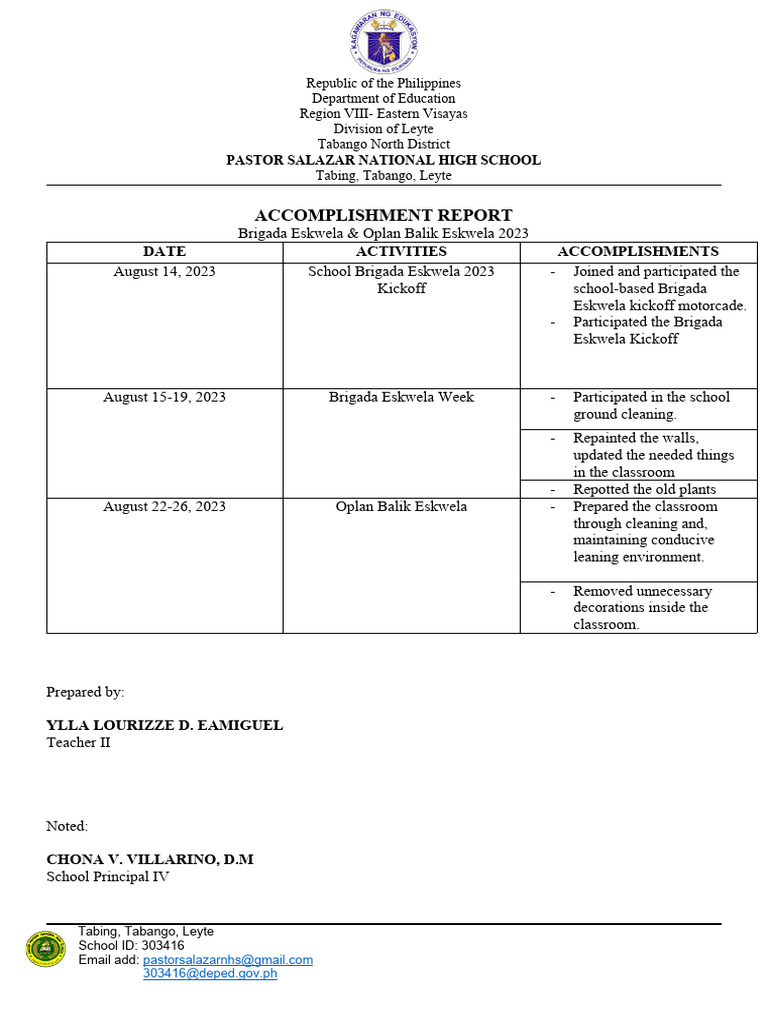 Sample Of Accomplishment Report In Brigada Eskwela