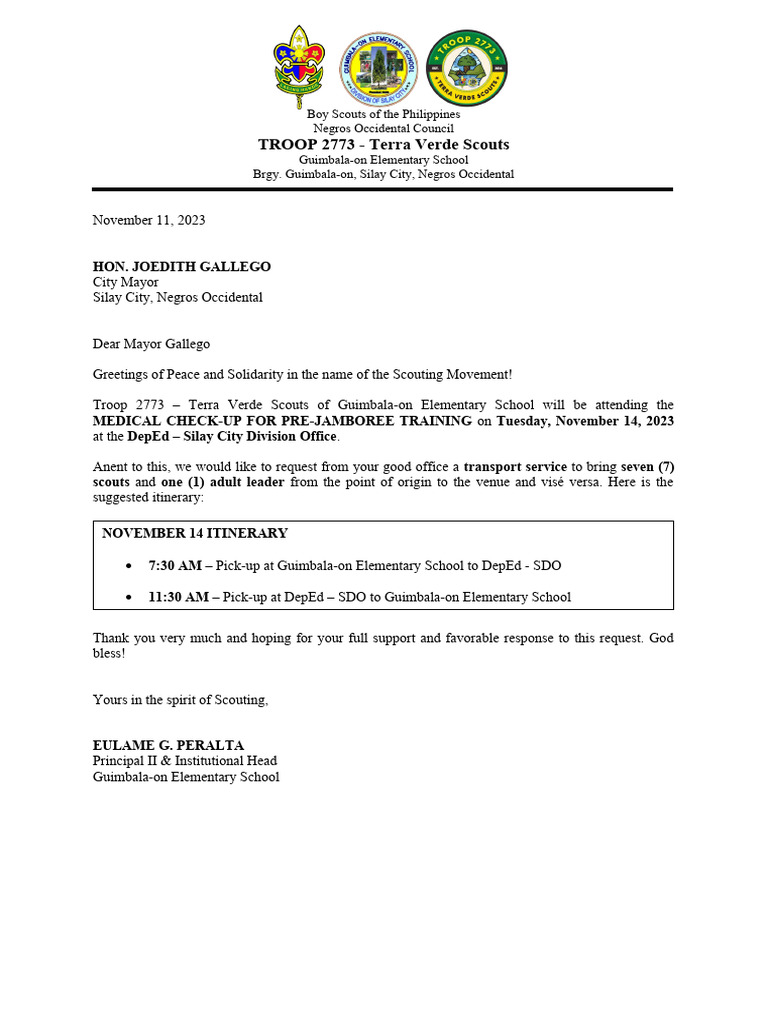 BSP Letter of Request For Transport Service | PDF