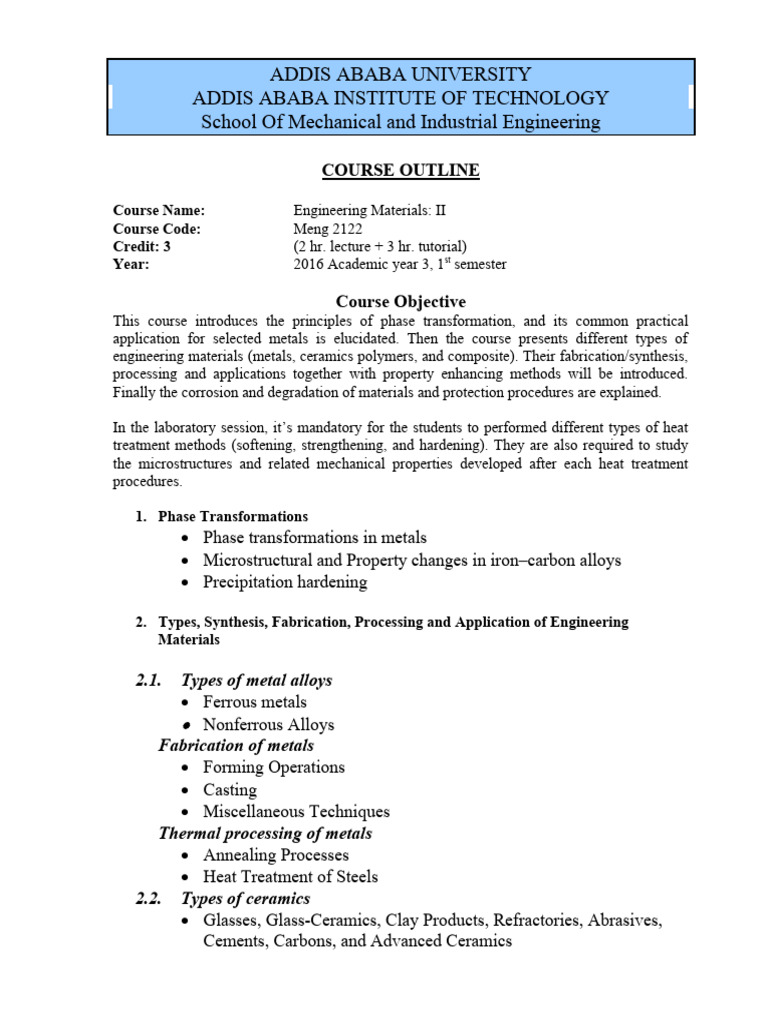 Engineering Materials II Course Outline | PDF | Ceramics | Materials ...