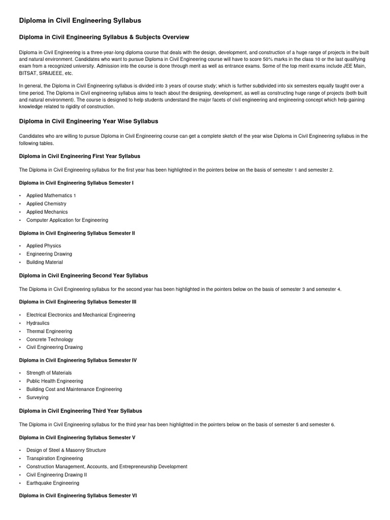 Diploma in Civil Engineering Syllabus | PDF | Civil Engineering