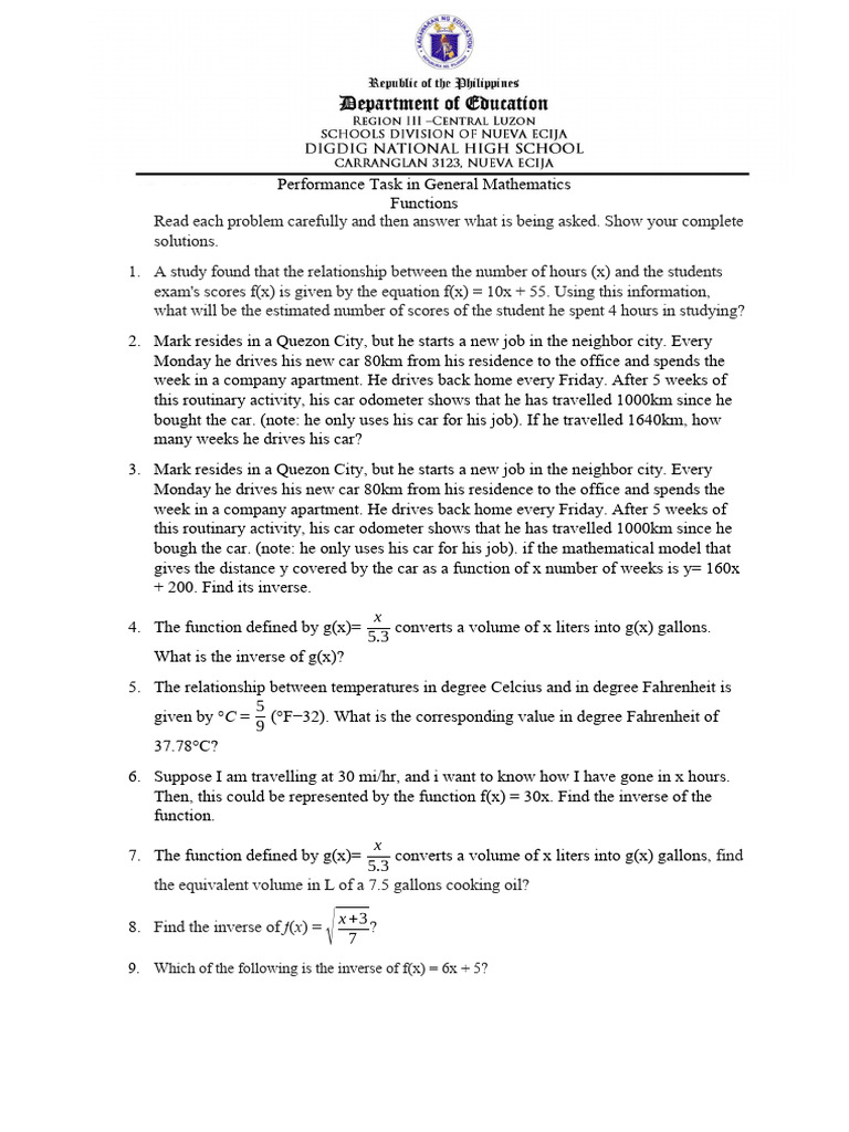 General Mathematics Performance Task | PDF | Function (Mathematics ...