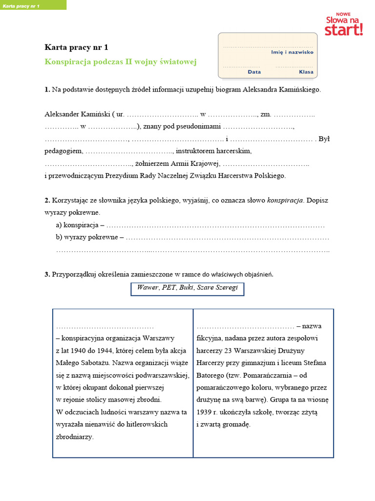 Kamienie Na Szaniec Test Gwo Kamienie Na Szaniec Lektura Obowiazkowa Karta Pra | PDF