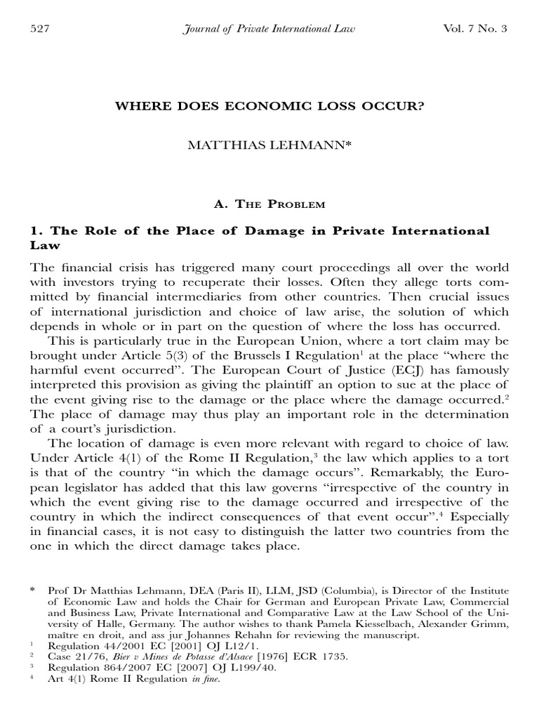 Where Does Economic Loss Occur PDF Tort Choice Of Law
