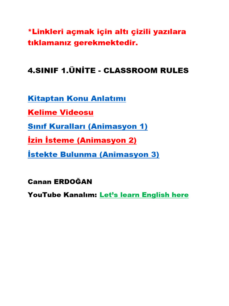 4 Sinif Ingilizce Dersi 1 Unite Classroom Rules Konu Anlatimi | PDF