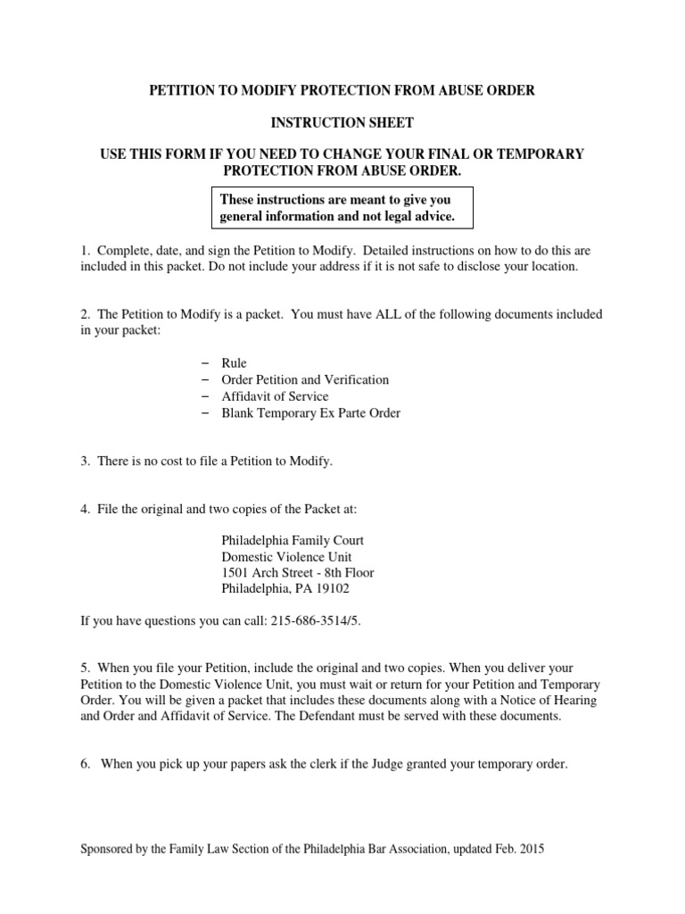 Petition To Modify Protection From Abuse Order | PDF | Restraining ...