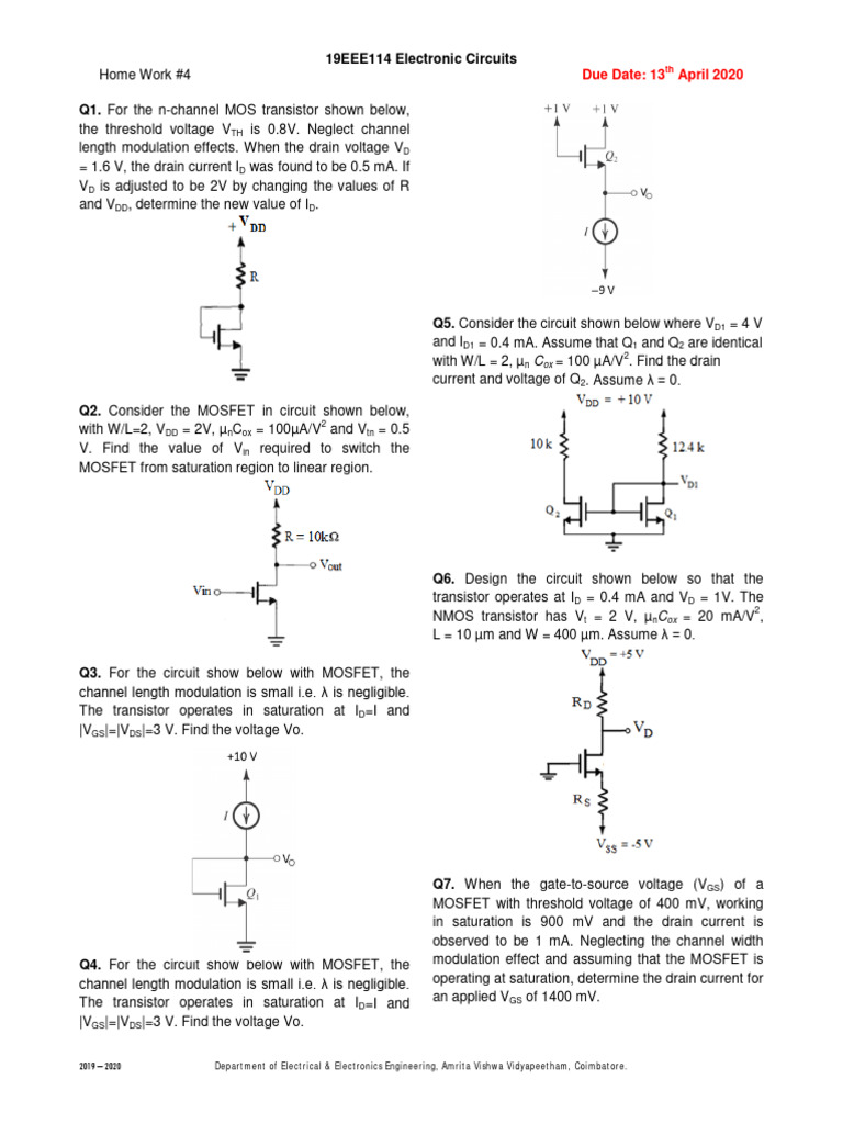 MOSFET Circuit Analysis Homework | PDF | Mosfet | Field Effect Transistor