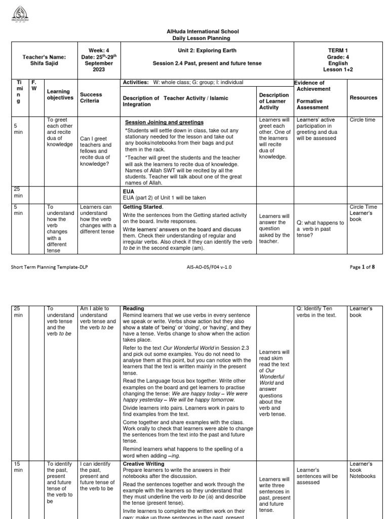 Grade 4 English Lesson Plan Template | PDF | Verb | Grammatical Tense