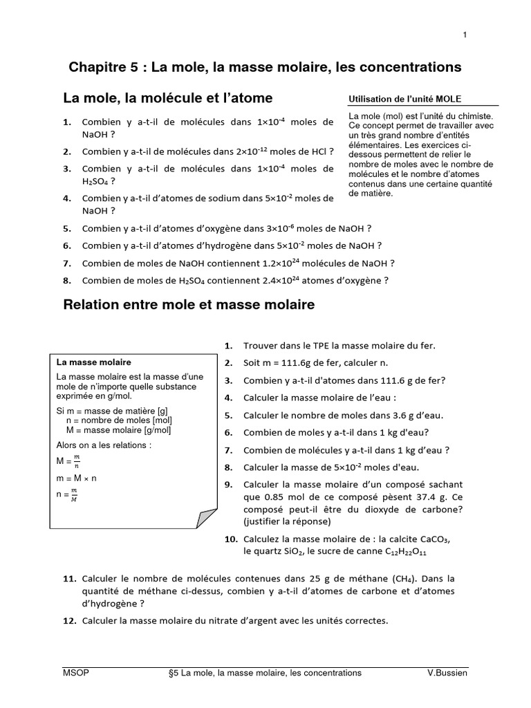 Calculs de mole et masse molaire | PDF | Concentration molaire | Mole ...