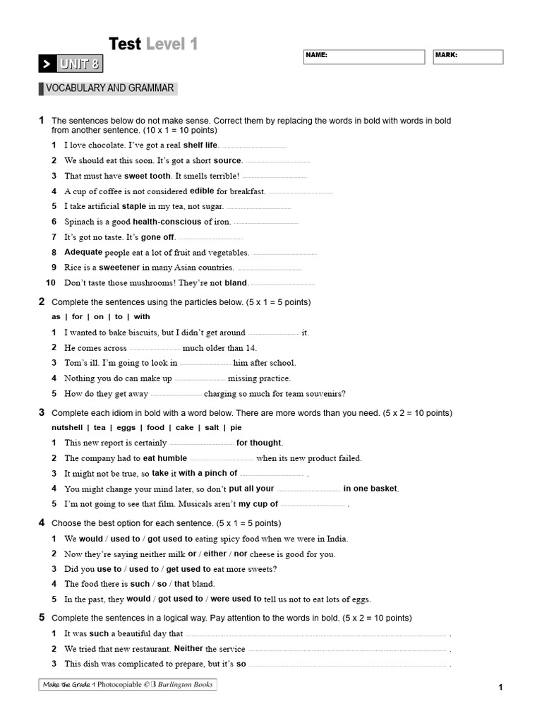 01makethegrade1 Unit8 Testlevel1 Pdf Foods Home