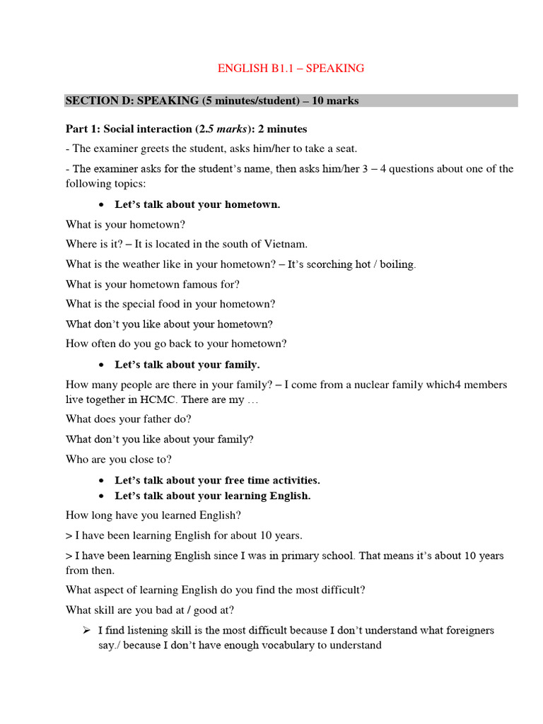 B11. SPEAKING Part 1 Questions PDF Human Communication Learning