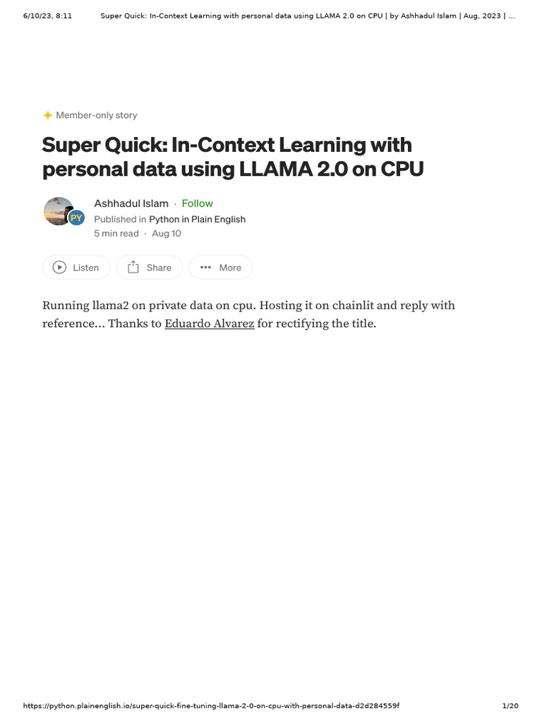 Super quick in context learning with personal data using llama 2 0 on