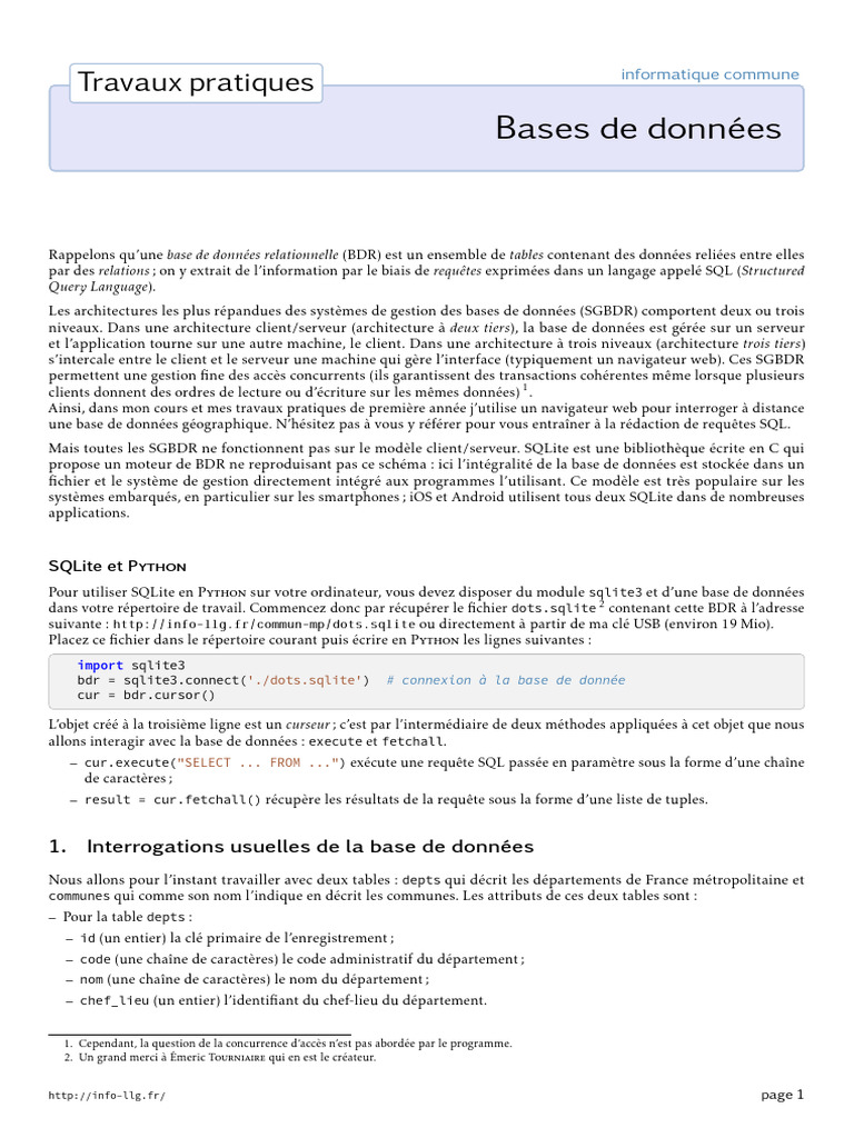 Introduction aux bases de données SQLite et SQL | PDF | Base de données ...