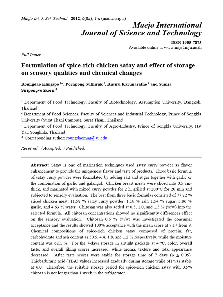 Spice-Rich Chicken Satay Formulation | PDF | Marination | Nutrition