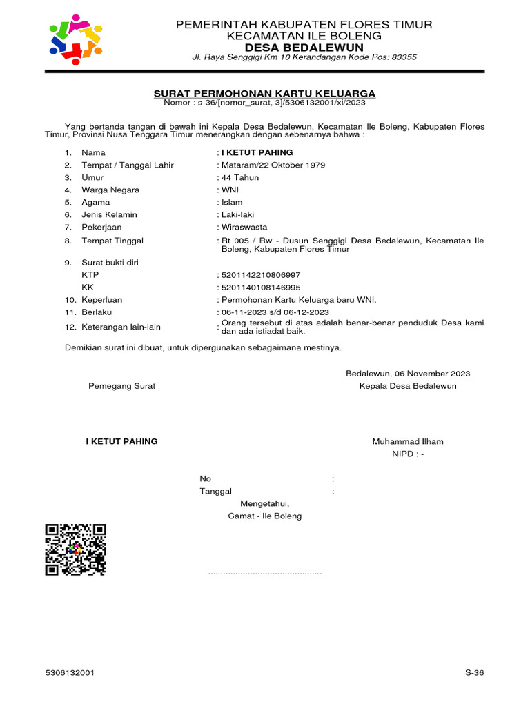 Surat Permohonan Kartu Keluarga - 5201142210806997 - 2023 11 06 - 1 | PDF