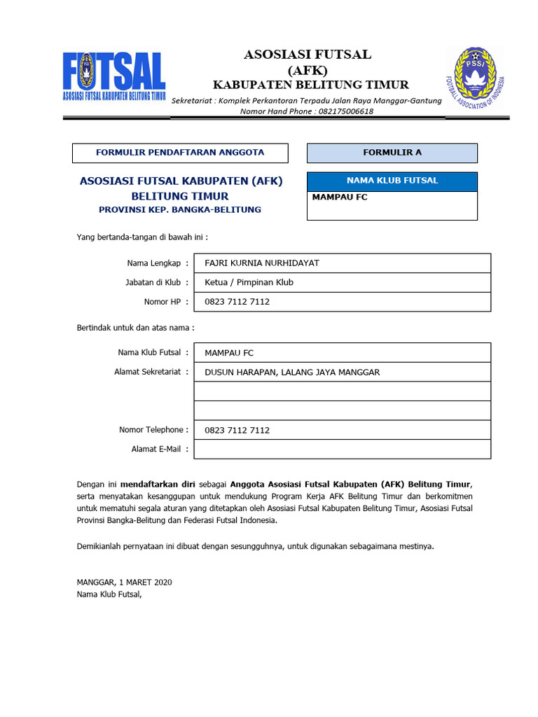 Formulir - Pendaftaran - MAMPAU FC | PDF