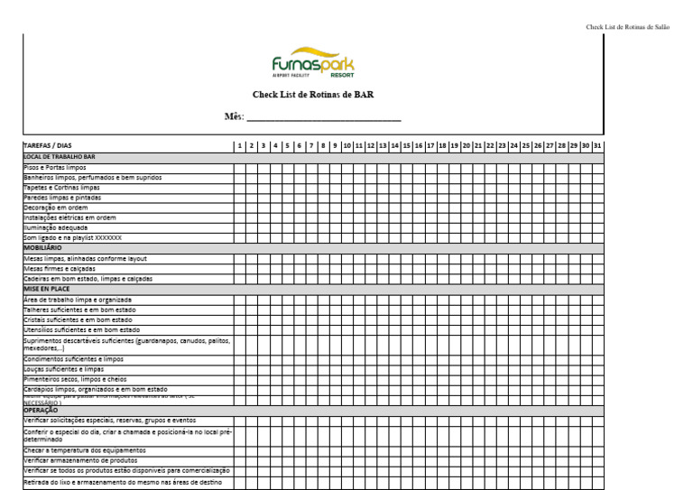 Check List de Rotinas para Bar | PDF