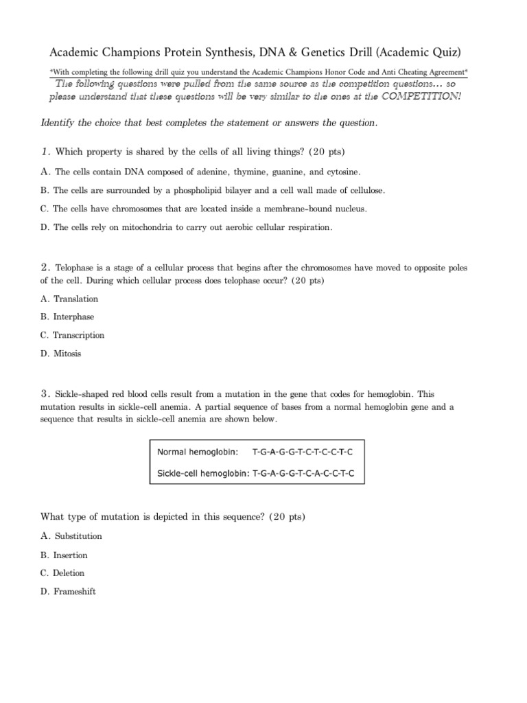 Protein Synthesis, and DNA Drill (Academic Quiz) PDF