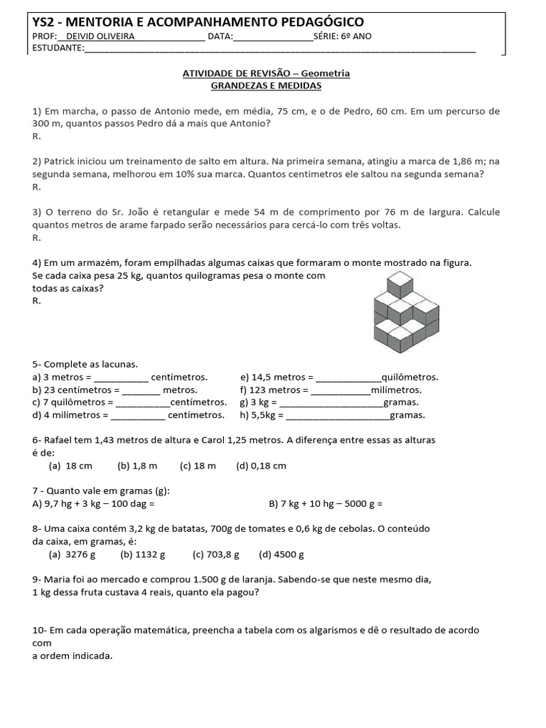 Atividades de Grandezas e Medidas 6º Ano | PDF