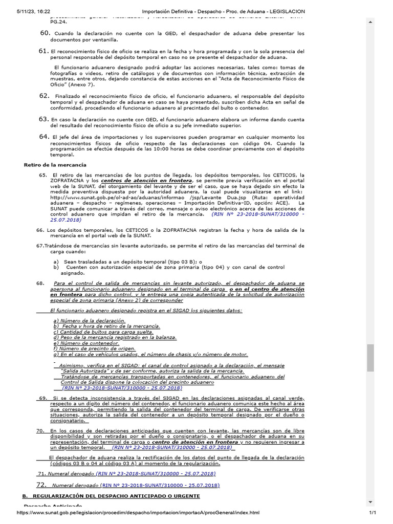 Importación Definitiva Despacho Proc De Aduana Legislacion Pdf