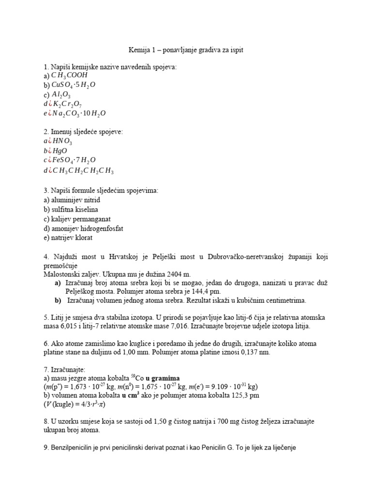 Kemija Vježba Za Prvi Ispit PDF