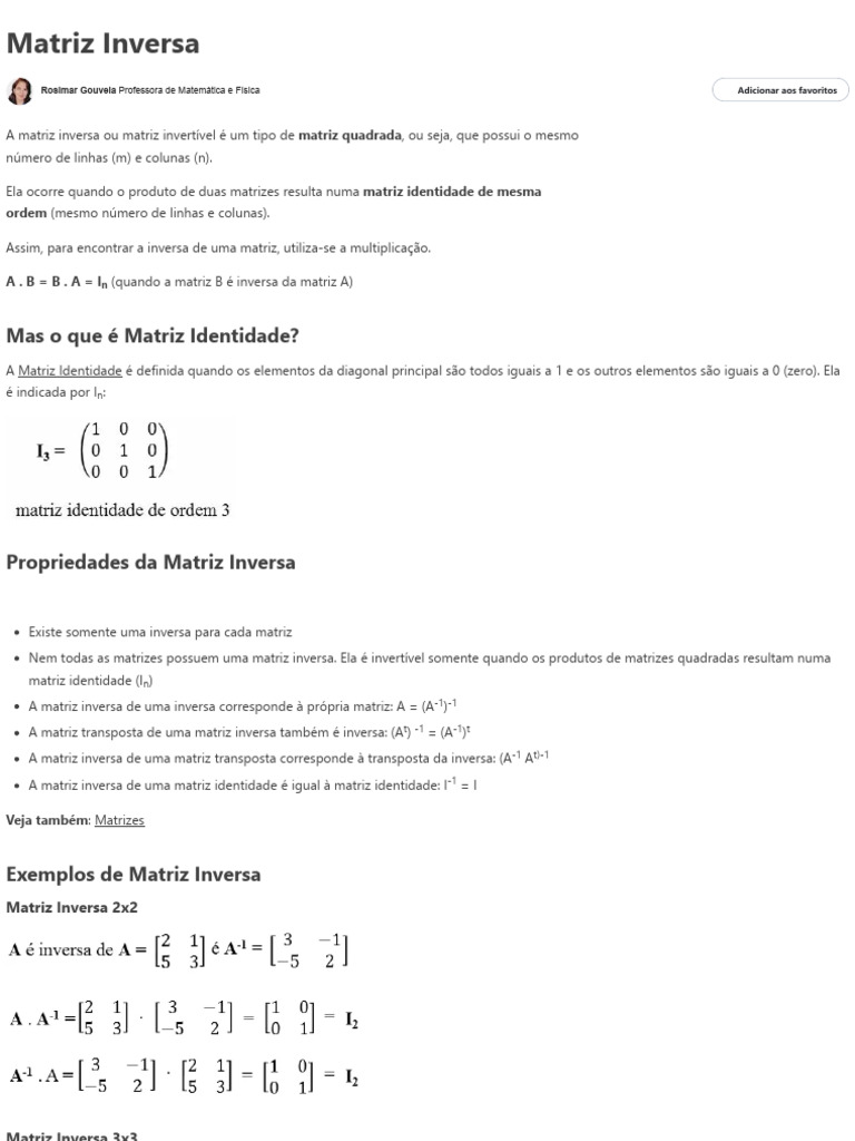Cálculo e Propriedades da Matriz Inversa | PDF | Matriz (Matemática ...