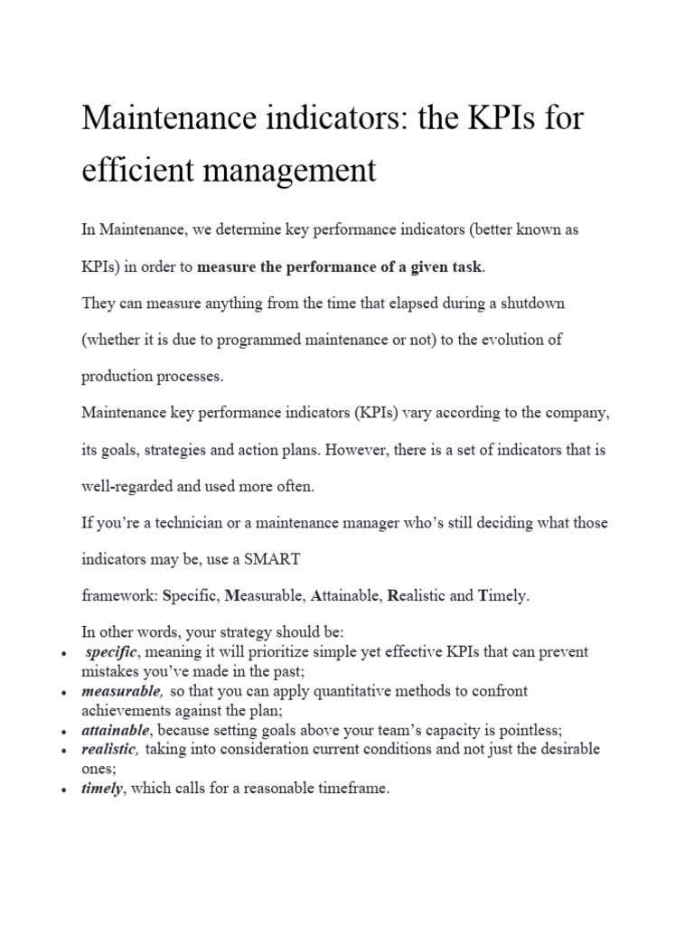 Maintenance Indicators | PDF | Performance Indicator | Reliability ...