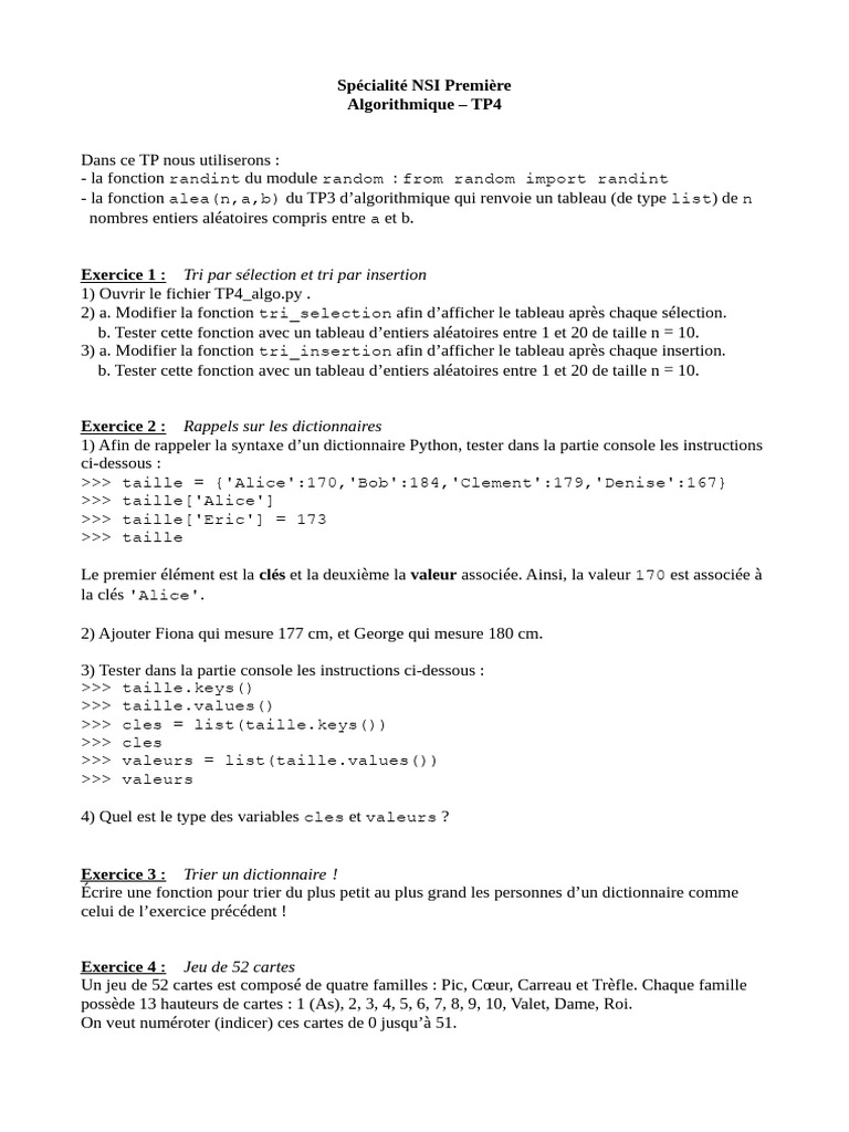TP4 Algorithmique : Tri et Dictionnaires | PDF | Informatique ...