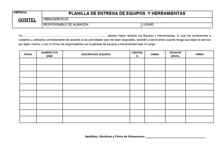 Planilla Entrega de Equipos y Herramientas | PDF