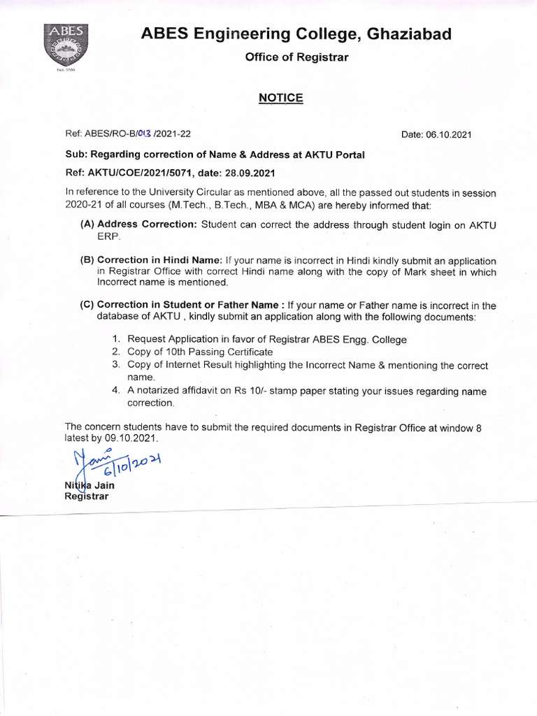Notification Regarding Correction Of Name Address At AKTU Portal PDF