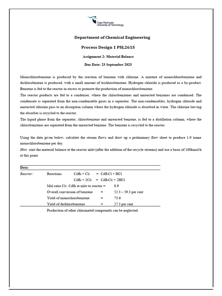 Material Balance Assignment 2023 PDF Chemical Reactor Chlorine