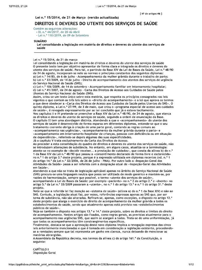 Direitos e deveres dos utentes do sns lei n 15 2014 de 21 de